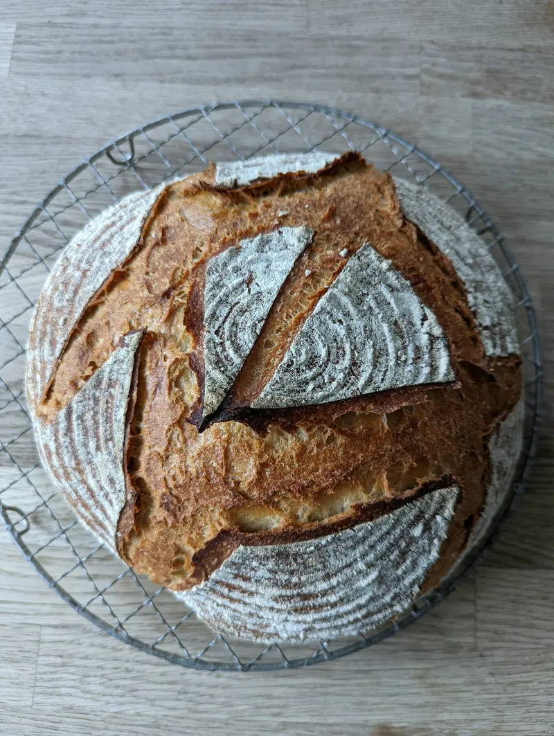 Miche au levain à la croûte grignée posée sur une grille