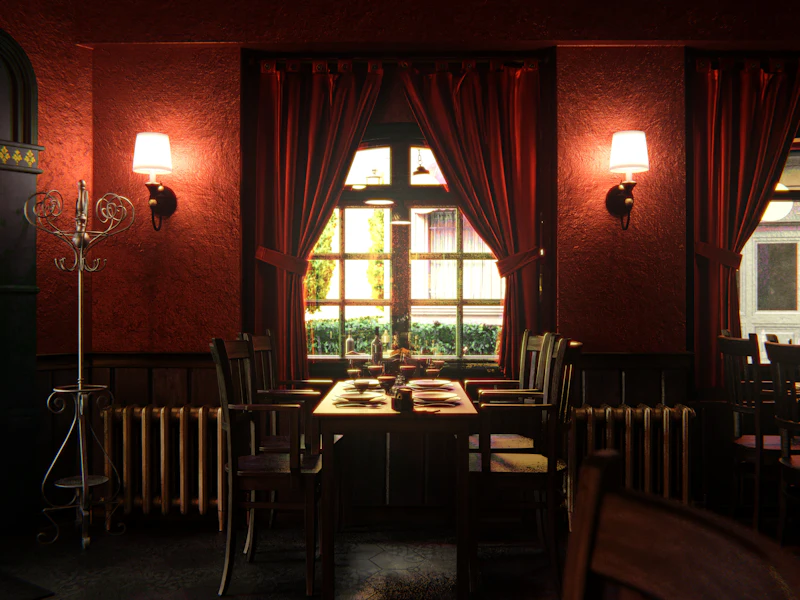Salle de restaurant chaleureuse aux murs rouges