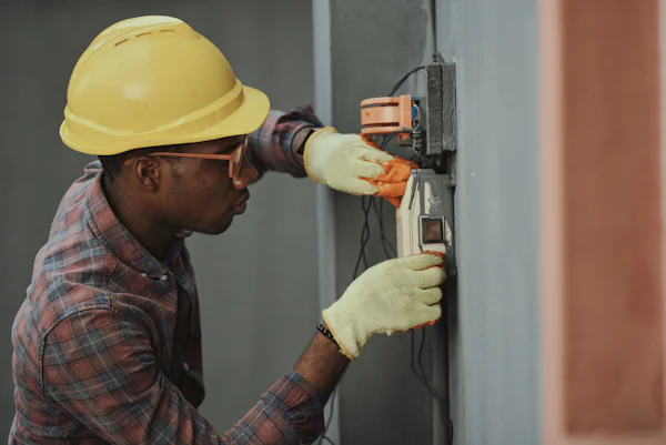 Électricien avec casque de chantier travaillant sur un tableau électrique, exemple de photo pour le site internet d’un artisan