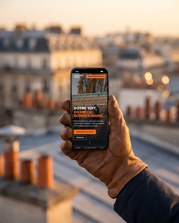 Main gantée tenant un téléphone qui affiche le site de démonstration Toitures Ardel, devant les toits de Paris