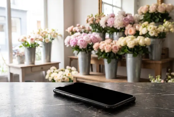 Téléphone posé sur le comptoir en marbre d’une boutique de fleurs, devant des seaux de pivoines et de roses