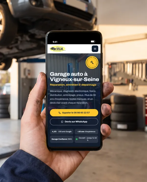 Main tenant un téléphone qui affiche le site du garage GH Car à Vigneux-sur-Seine, réalisé par notre équipe, devant un atelier de mécanique avec une voiture sur un pont élévateur