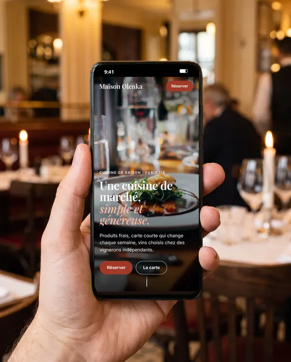 Main tenant un téléphone qui affiche le site de démonstration Maison Olenka, dans une salle de restaurant