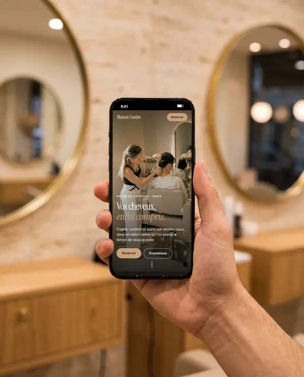 Main tenant un téléphone qui affiche le site de démonstration Maison Cendre, dans un salon de coiffure aux miroirs ronds