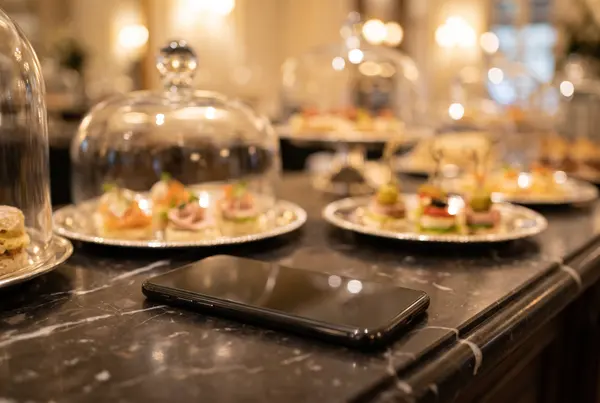 Téléphone posé sur un comptoir en marbre, devant des plateaux de petits fours sous cloche chez un traiteur