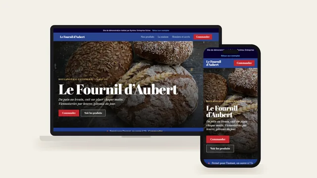 Exemple de site internet de boulangerie-pâtisserie (Le Fournil d’Aubert) affiché sur ordinateur et sur téléphone