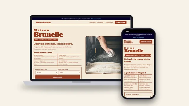 Exemple de site internet de boulangerie artisanale (Maison Brunelle) affiché sur ordinateur et sur téléphone