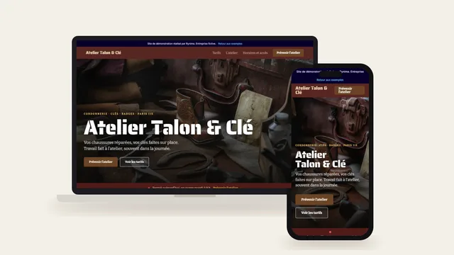 Exemple de site internet de cordonnerie (Atelier Talon & Clé) affiché sur ordinateur et sur téléphone
