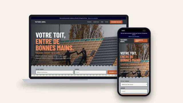 Exemple de site internet de couvreur (Toitures Ardel) affiché sur ordinateur et sur téléphone