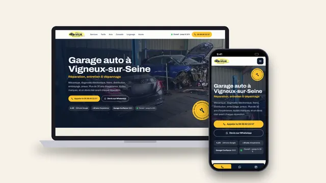 Site internet du garage automobile GH Car à Vigneux-sur-Seine, page d’accueil sur ordinateur avec photo de l’atelier et bouton d’appel, et sur téléphone