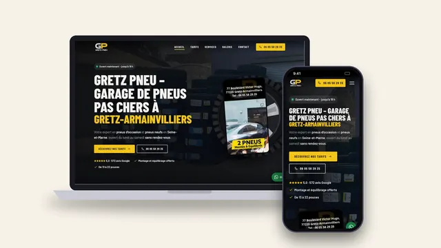 Site internet du garage Gretz Pneu à Gretz-Armainvilliers, page d’accueil sur ordinateur avec les pneus en stock et l’affiche des tarifs, et sur téléphone