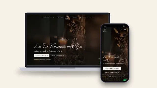 Site internet de l’institut de beauté La Ri Kosmetik und Spa à Bergneustadt, page d’accueil sur ordinateur avec vidéo d’un soin head spa, et sur téléphone