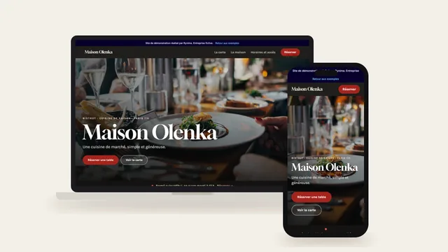 Exemple de site internet de restaurant (Maison Olenka) affiché sur ordinateur et sur téléphone
