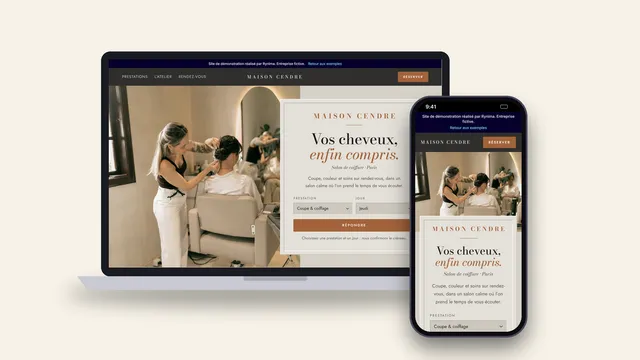 Exemple de site internet de salon de coiffure (Maison Cendre) affiché sur ordinateur et sur téléphone